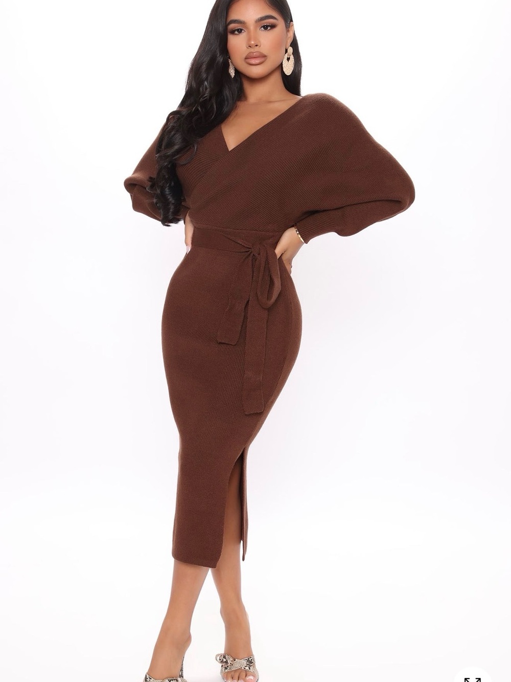 Fashion Nova Brown Wrap Midi Sweater Dress with Tie Waist